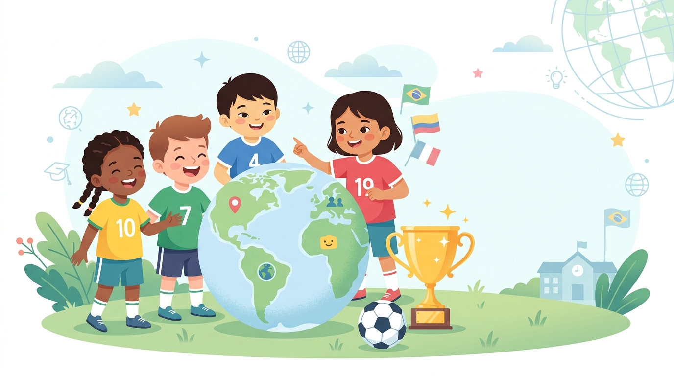 Kinder mit Globus und Pokal